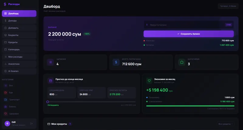 Интерфейс приложения Finance Tracker для учёта доходов и расходов
